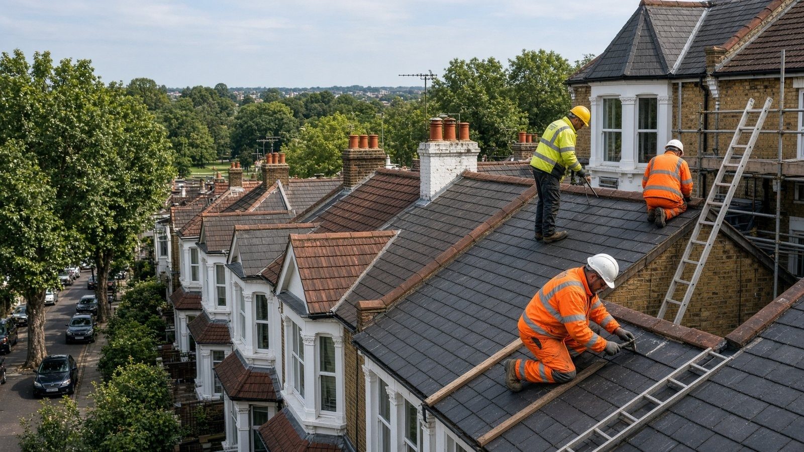 Roofers working on a slate roof of a terraced house